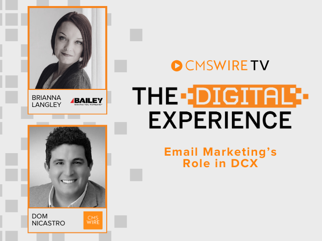 Grey pixelated thumbnail for CMSWire TV's, monthly show, The Digital Experience. The thumbnail shows two rectangular headshots, one for the host, Dom Nicastro and the other for the guest, Brianna Langley Henderson. The episode topic is on Email Marketing in the digital customer experience space.