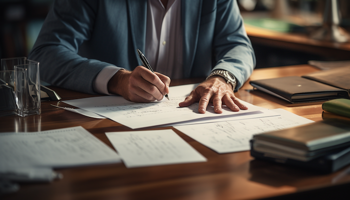 Photo of an entrepreneur sitting at a desk reviewing and signing a legal contract