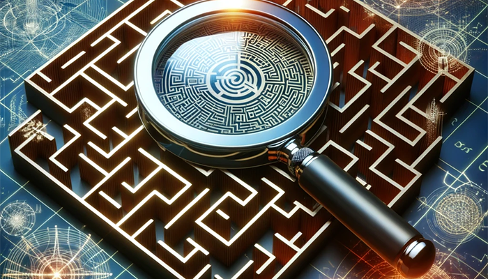 An image depicting a magnifying glass over a complex maze, symbolizing the analysis of intricate logical fallacies.