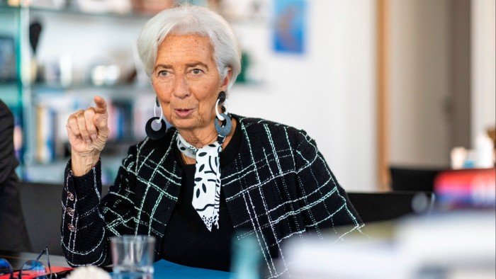 Christine Lagarde, president of the European Central Bank, during an interview by Roula Khalaf of the Financial Times in Frankfurt, Germany