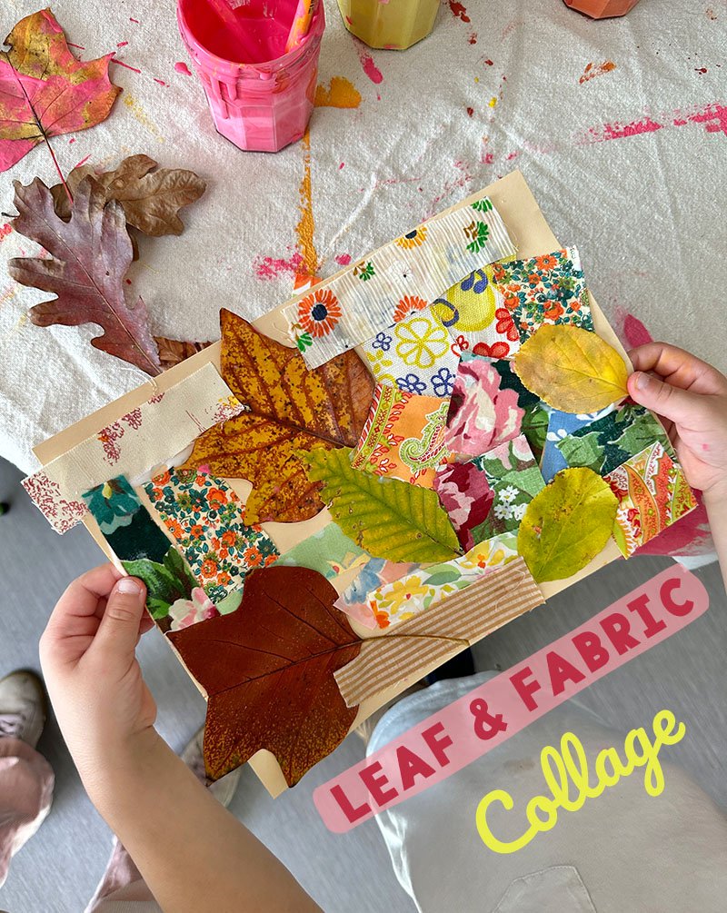 Children make mixed media collage with leaves, fabric scraps, and paint.