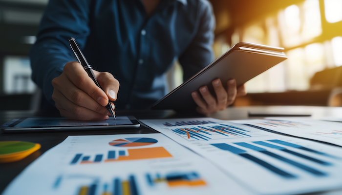 An entrepreneur or business analyst examining charts and graphs on a digital tablet.