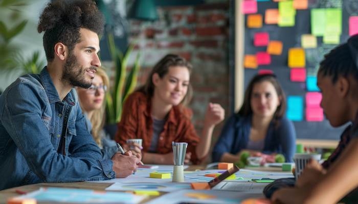 Group of co-founders sitting around a table brainstorming their company