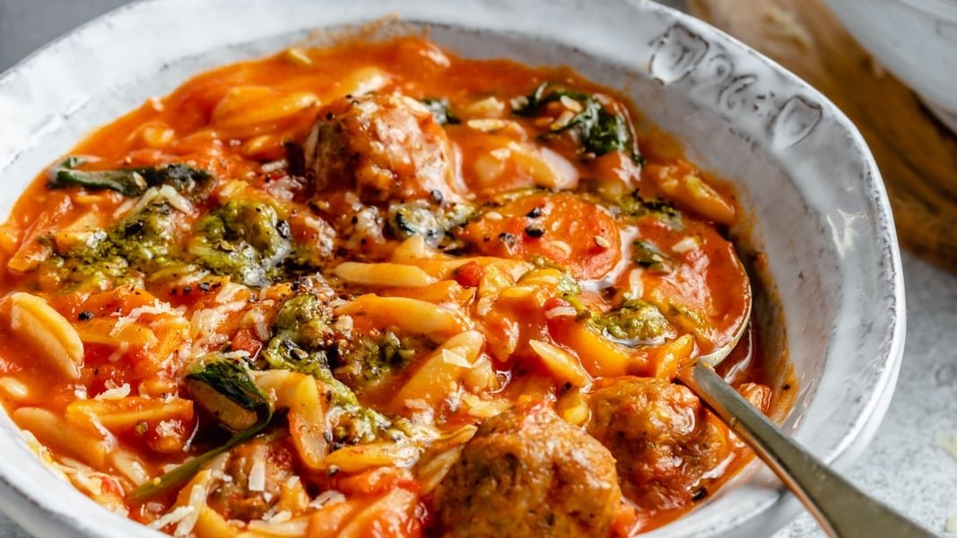 Tomato Orzo Soup with Mini Turkey Meatballs