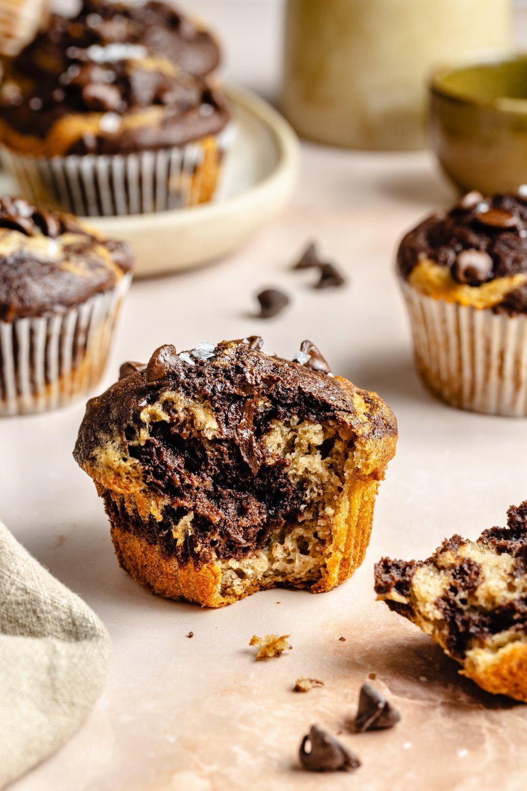 marbled banana muffin with a bite taken out